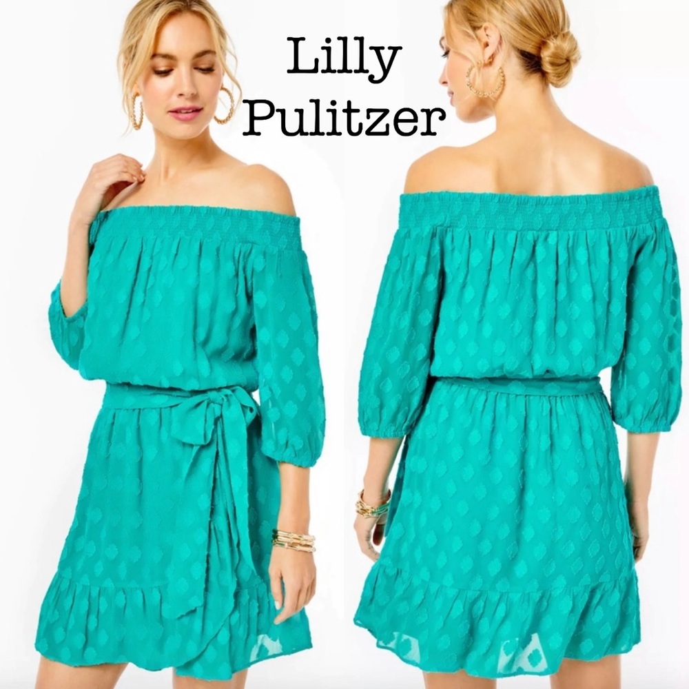 Lilly Pulitzer Rochelle Off-The-Shoulder Romper 3/4 Sleeves Green Size Medium